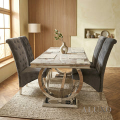 Orvar 1.8m Cream Marble Dining Table with Chrome O-Ring Base & 4/6/8/10 Einar Grey Velvet Chairs