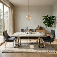 Orvar 1.8m Cream Marble Dining Table with Chrome O-Ring Base & 4/6/8 Oskar Dark Grey Velvet Chairs