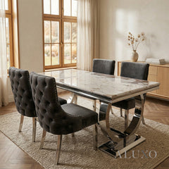 Orvar 1.8m Cream Marble Dining Table with Chrome O-Ring Base & 4/6/8 Oskar Dark Grey Velvet Chairs