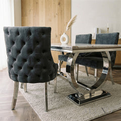 Orvar 1.8m Cream Marble Dining Table with Chrome O-Ring Base & 4/6/8 Oskar Dark Grey Velvet Chairs