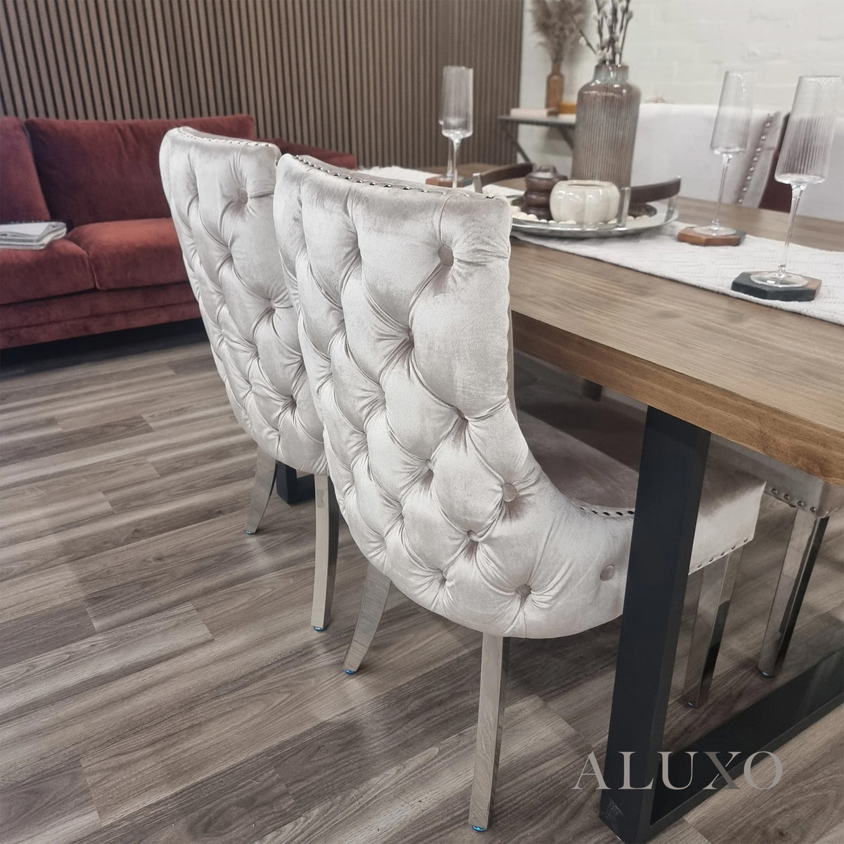 Oskar Velvet Dining Chair | Deep Button Back with Chrome Legs - Beige / Dark Grey