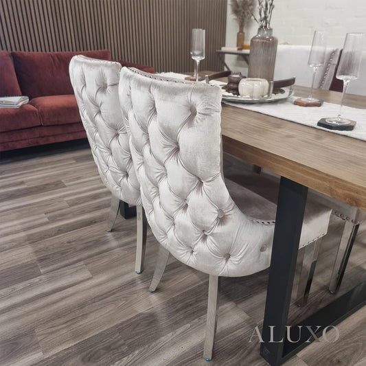 Oskar Velvet Dining Chair | Deep Button Back with Chrome Legs - Beige / Dark Grey
