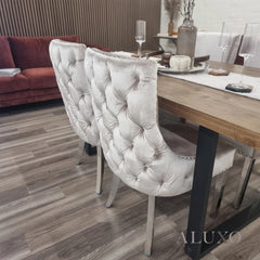 Oskar Velvet Dining Chair | Deep Button Back with Chrome Legs - Beige / Dark Grey