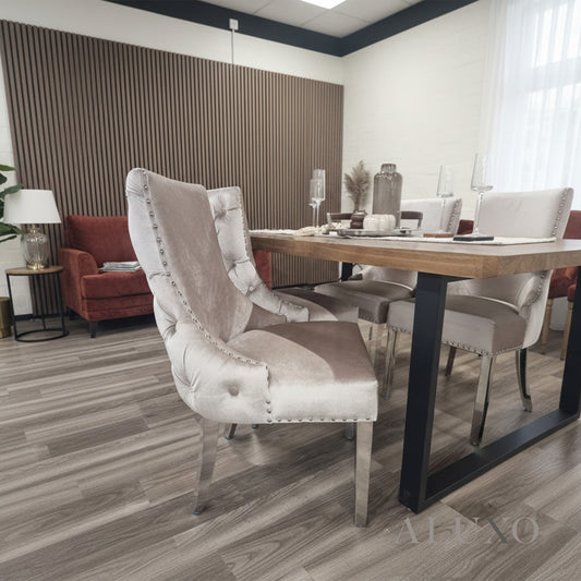 Oskar Velvet Dining Chair | Deep Button Back with Chrome Legs - Beige / Dark Grey