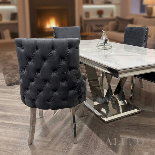 Oskar Velvet Dining Chair | Deep Button Back with Chrome Legs | Beige / Dark Grey