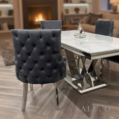 Oskar Velvet Dining Chair | Deep Button Back with Chrome Legs - Beige / Dark Grey