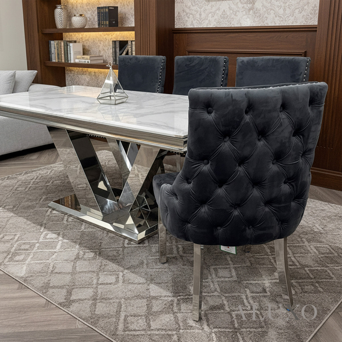 Oskar Velvet Dining Chair | Deep Button Back with Chrome Legs | Beige / Dark Grey