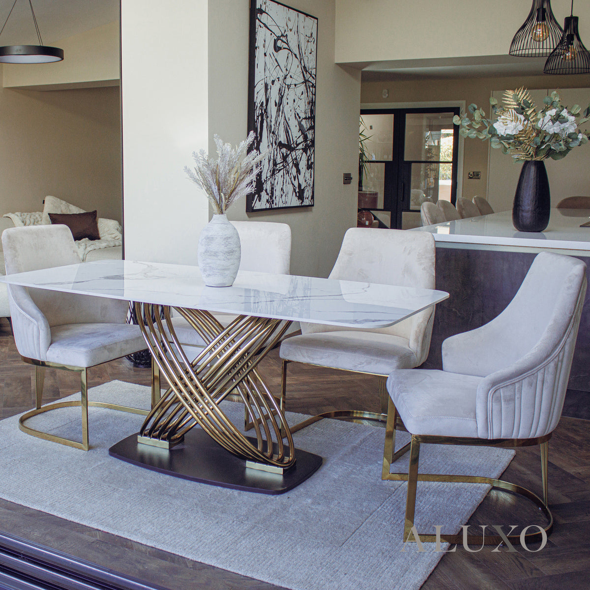 Ostuni 1.8m Slimline Gold Dining Set – White Sintered Stone Table with 4/6 Olivia Beige Velvet Chairs