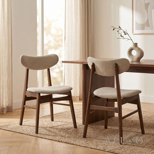 ALUXO® Oxford Walnut Upholstered Back Dining Chair in Oatmeal Bouclé – Set of 2
