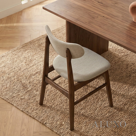 ALUXO® Oxford Walnut Upholstered Back Dining Chair in Oatmeal Bouclé – Set of 2