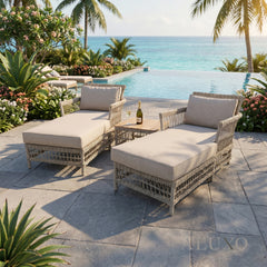 Porto Scandi-Coastal Sun Lounger Set – 2 Rattan Loungers & Acacia Table