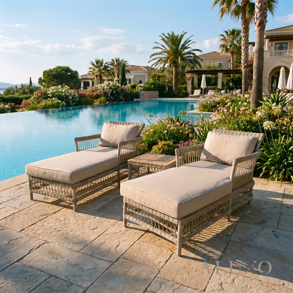 Porto Scandi-Coastal Sun Lounger Set – 2 Rattan Loungers & Acacia Table