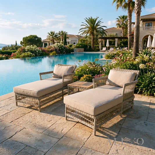 Porto Scandi-Coastal Sun Lounger Set – 2 Rattan Loungers & Acacia Table