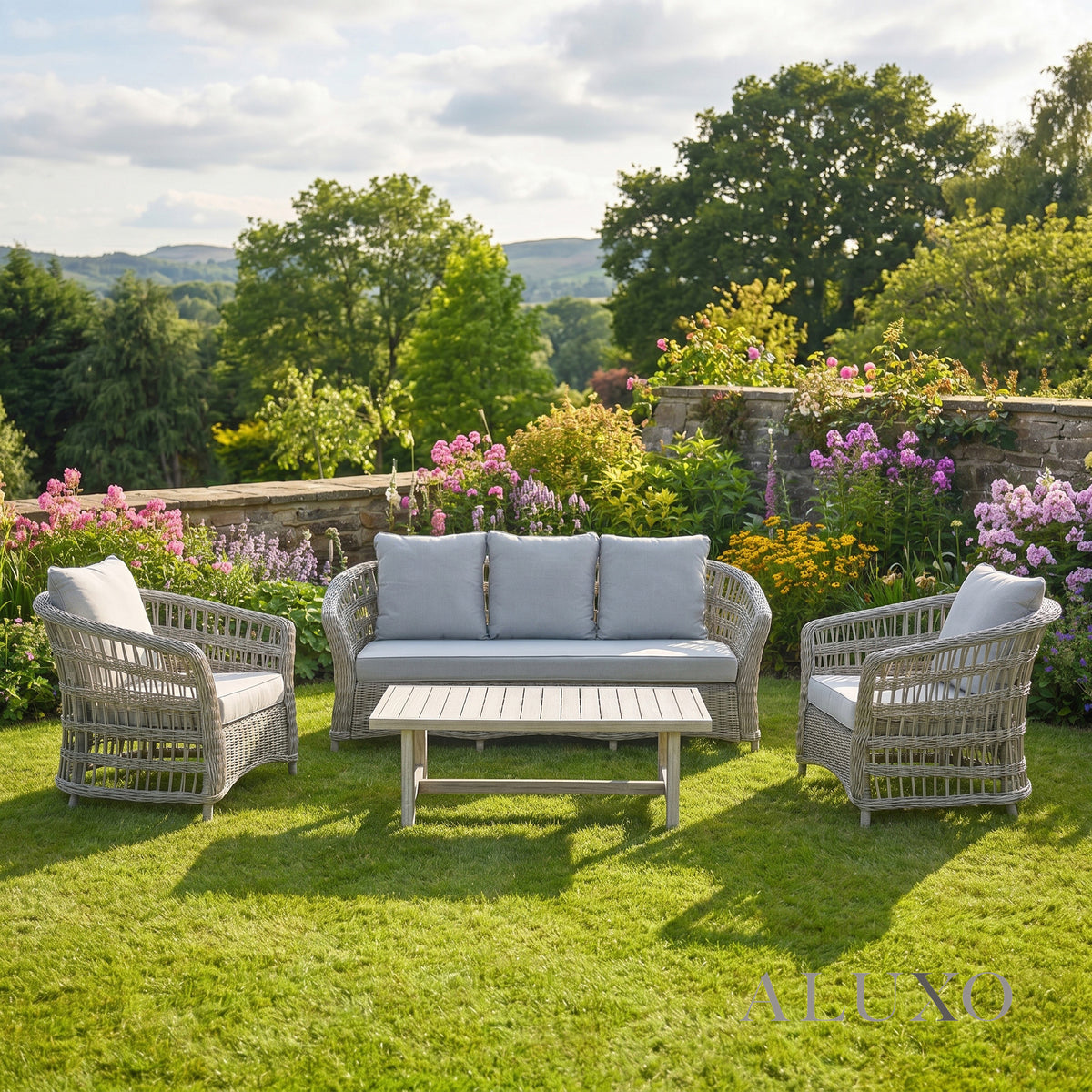 Pura Scandi-Coastal 3-Seater Outdoor Sofa Set – Beige Rattan & Acacia Wood