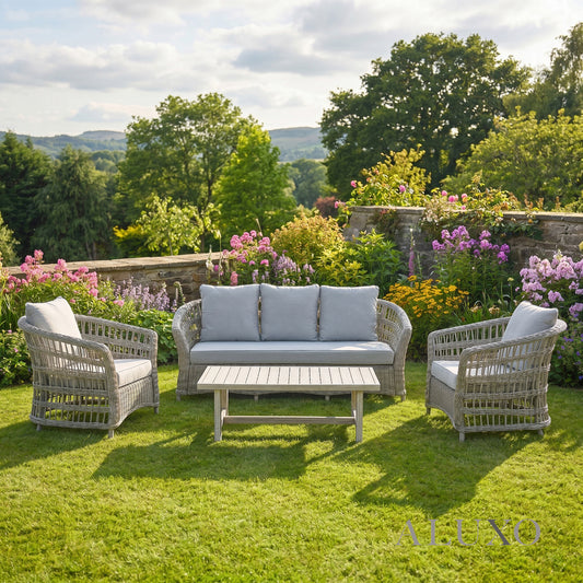 Pura Scandi-Coastal 3-Seater Outdoor Sofa Set – Beige Rattan & Acacia Wood