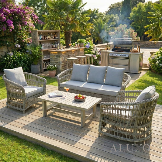 Pura Scandi-Coastal 3-Seater Outdoor Sofa Set – Beige Rattan & Acacia Wood