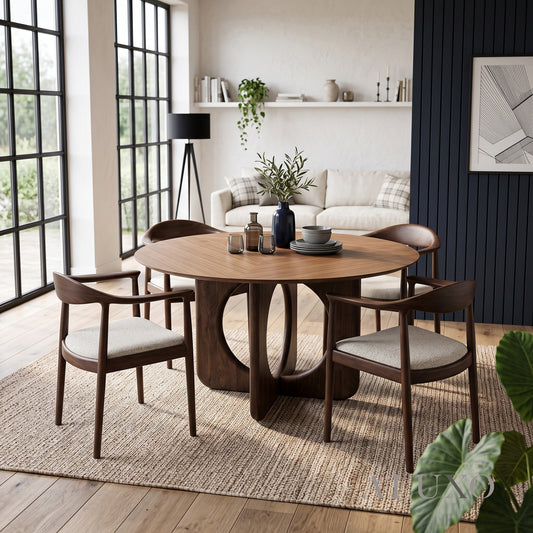 ALUXO® Remy 1.37m Round Walnut Dining Set – Ebony Sculptural Base Table with 4 Fern Oatmeal Bouclé Chairs