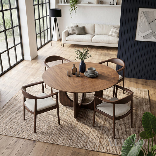 ALUXO® Remy 1.37m Round Walnut Dining Set – Ebony Sculptural Base Table with 4 Fern Oatmeal Bouclé Chairs