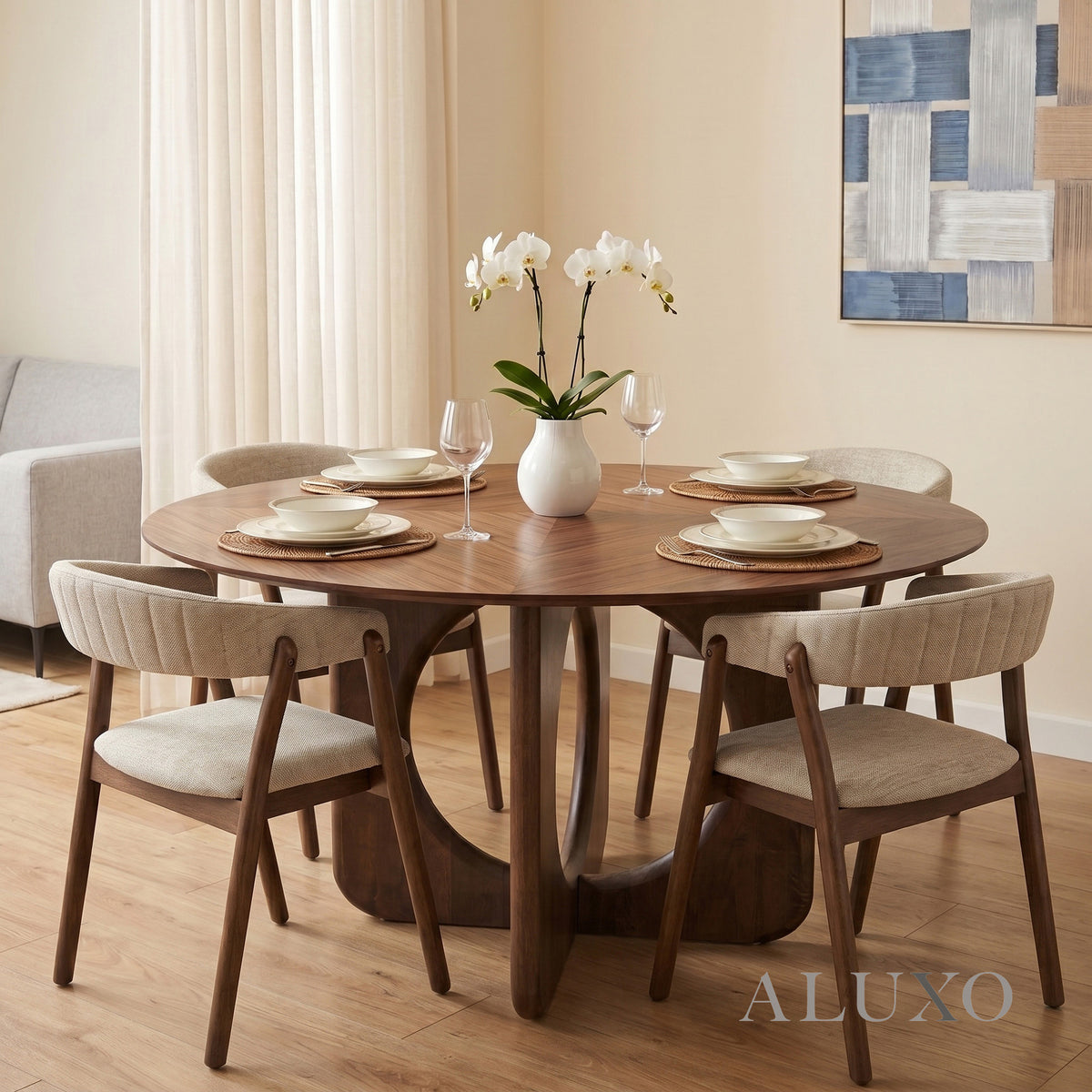 ALUXO® Remy 1.37m Round Walnut Dining Set – Ebony Sculptural Base Table with 4 Linus Oatmeal Bouclé Chairs