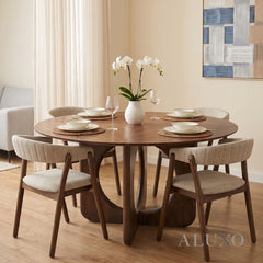 ALUXO® Remy 1.37m Round Walnut Dining Set – Ebony Sculptural Base Table with 4 Linus Oatmeal Bouclé Chairs