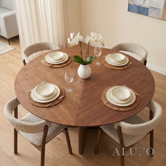 ALUXO® Remy 1.37m Round Walnut Dining Set – Ebony Sculptural Base Table with 4 Linus Oatmeal Bouclé Chairs