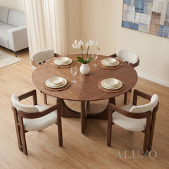 ALUXO® Remy 137cm Round Walnut Dining Table - Ebony Sculptural Base