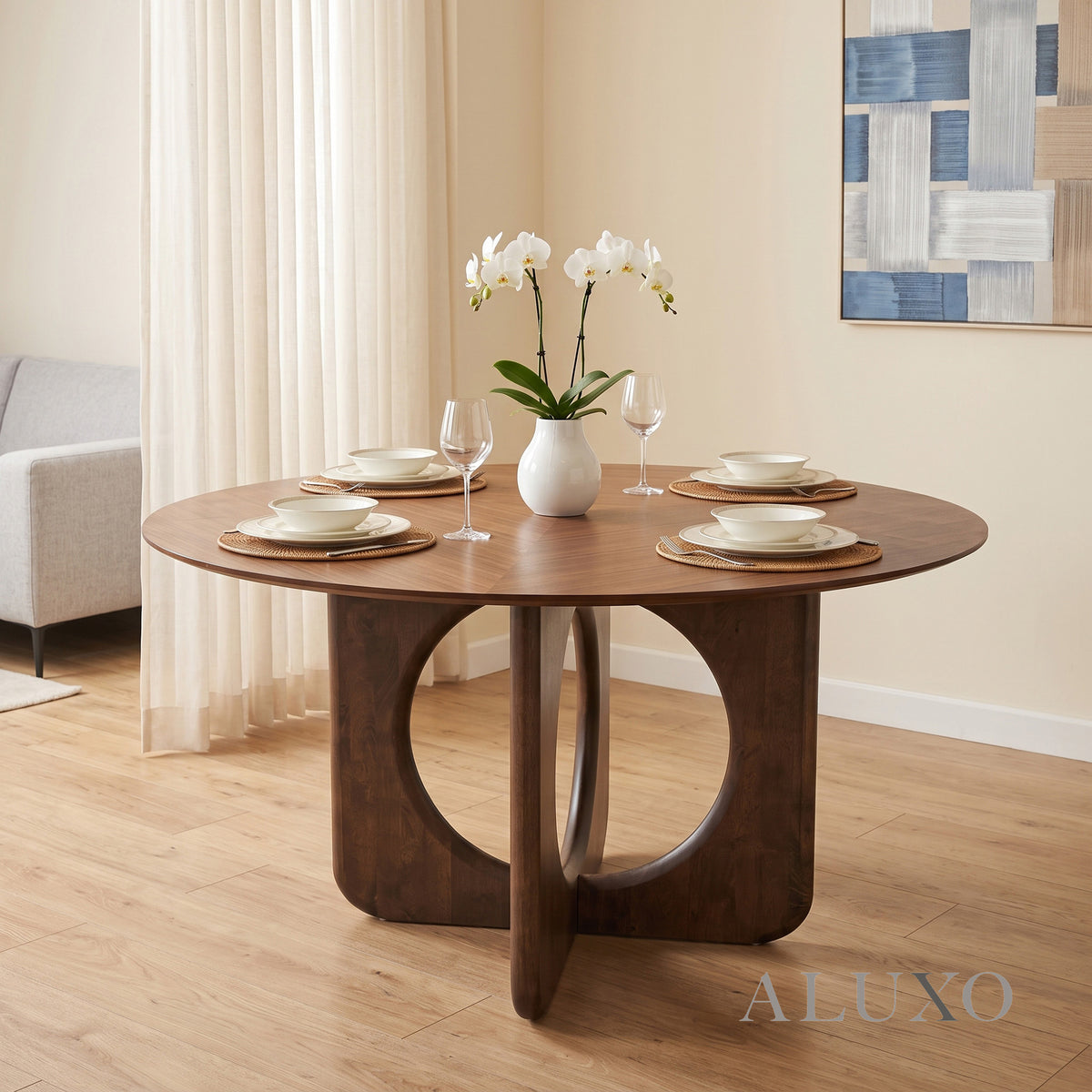 ALUXO® Remy 137cm Round Walnut Dining Table - Ebony Sculptural Base