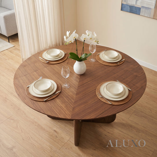ALUXO® Remy 137cm Round Walnut Dining Table - Ebony Sculptural Base