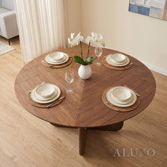 ALUXO® Remy 137cm Round Walnut Dining Table - Ebony Sculptural Base