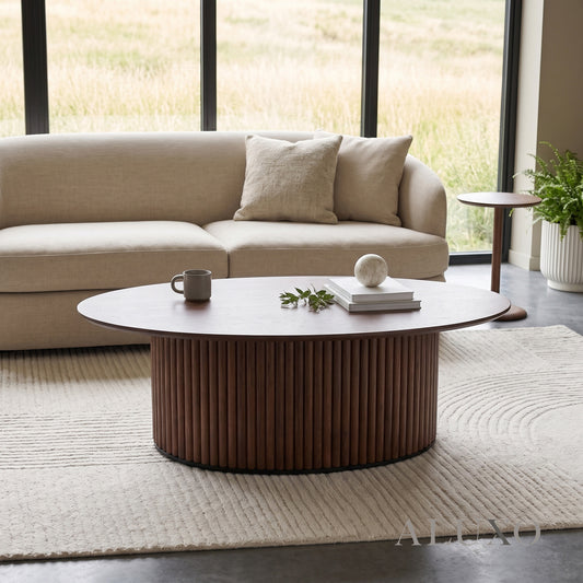 Rowen 130cm Oval Walnut Coffee Table with Ribbed Pedestal Base