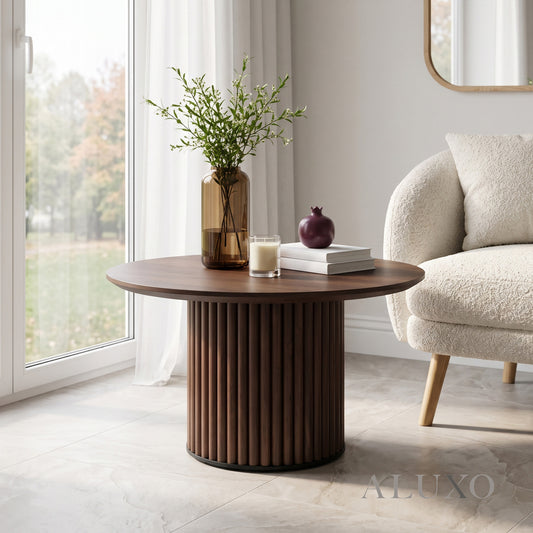Rowen 80cm Round Walnut Coffee Table with Ribbed Pedestal Base