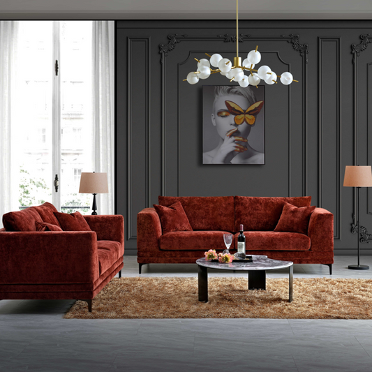 ALUXO® Lenox 3 & 2 Seater Sofa – Rust Velvet | Mid-Century Modern Comfort