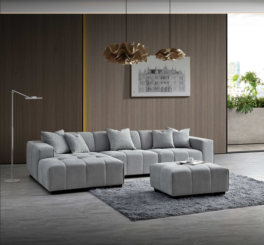 ALUXO® Leonard Left Hand Corner Sofa – Cloudy Grey Bouclé Fabric