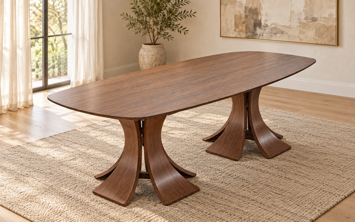 Alice 200cm Boat Shape Walnut Dining Table with Flared Pedestals