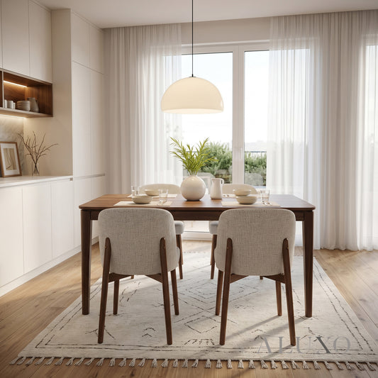 ALUXO® Sherwood 1.5m Walnut Dining Set – Tapered Leg Table with 4/6 Dino Oatmeal Bouclé Chairs