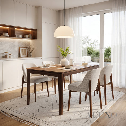 ALUXO® Sherwood 1.5m Walnut Dining Set – Tapered Leg Table with 4/6 Dino Oatmeal Bouclé Chairs
