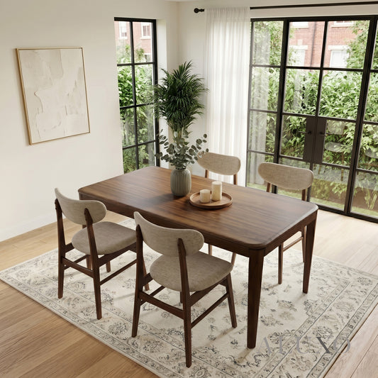 ALUXO® Sherwood 1.5m Walnut Dining Set – Tapered Leg Table with 4/6 Oxford Oatmeal Bouclé Chairs
