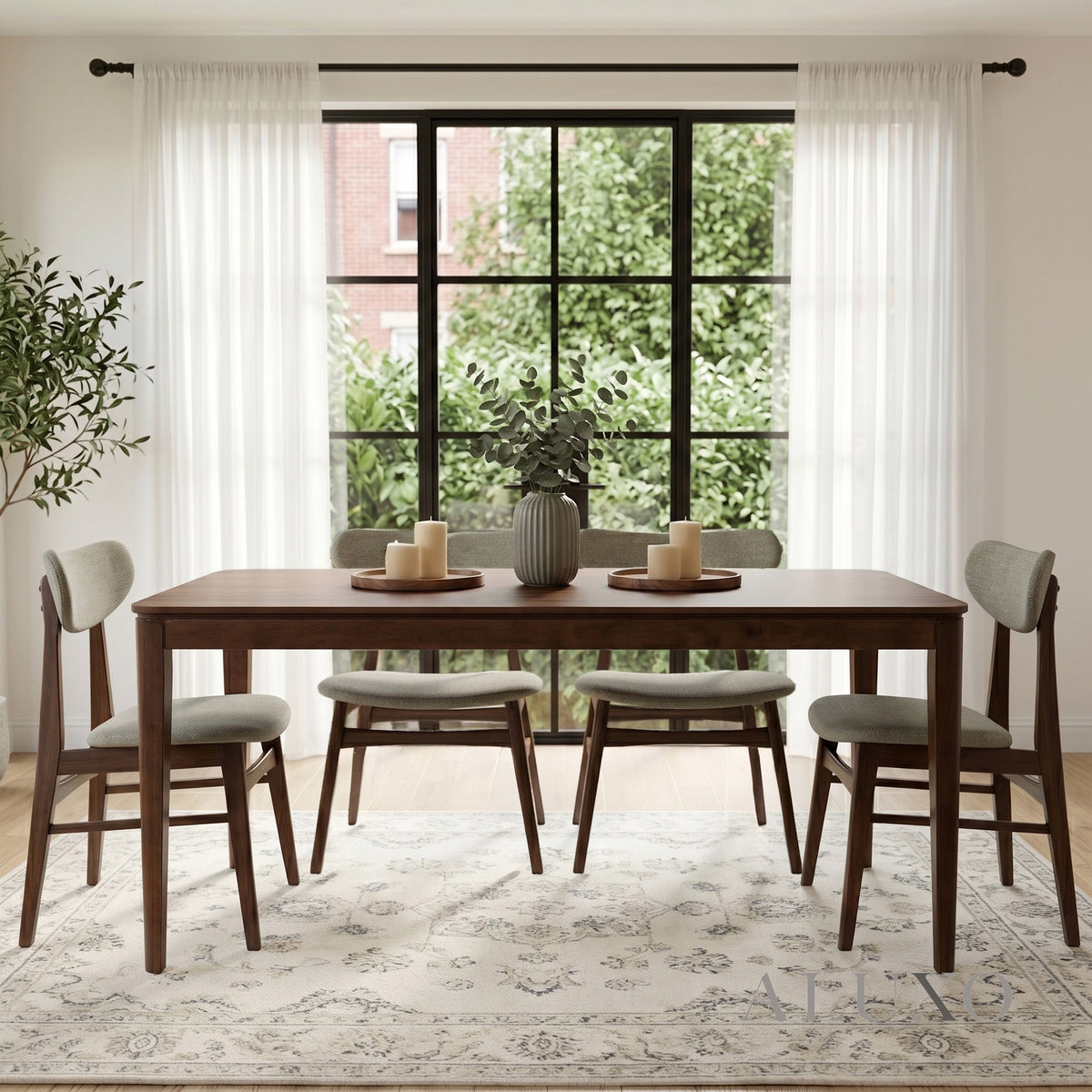 ALUXO® Sherwood 1.5m Walnut Dining Set – Tapered Leg Table with 4/6 Oxford Oatmeal Bouclé Chairs