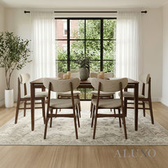 ALUXO® Sherwood 1.5m Walnut Dining Set – Tapered Leg Table with 4/6 Oxford Oatmeal Bouclé Chairs