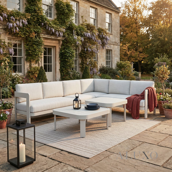 ALUXO® Sofia 6-Seater Luxury Corner Sofa Set – Taupe Aluminium & Slat Tables