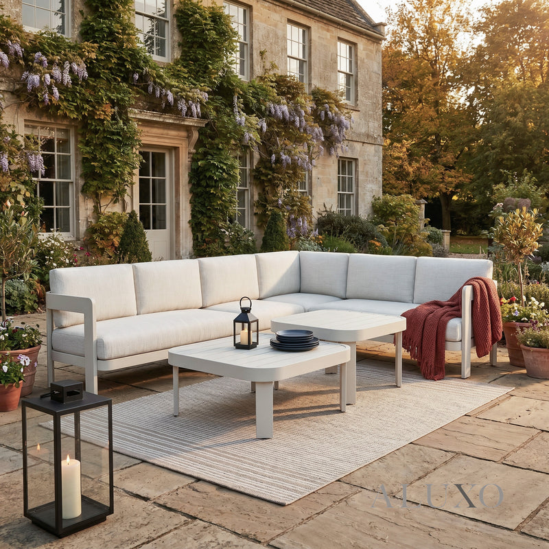 ALUXO® Sofia 6-Seater Luxury Corner Sofa Set – Taupe Aluminium & Slat Tables