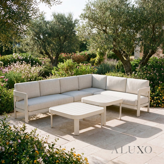 (PRE-ORDER) ALUXO® Sofia 6-Seater Luxury Corner Sofa Set – Taupe Aluminium & Slat Tables