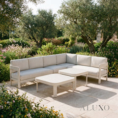 (PRE-ORDER) ALUXO® Sofia 6-Seater Luxury Corner Sofa Set – Taupe Aluminium & Slat Tables