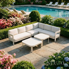 (PRE-ORDER) ALUXO® Sofia 6-Seater Luxury Corner Sofa Set – Taupe Aluminium & Slat Tables