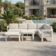 (PRE-ORDER) ALUXO® Sofia 6-Seater Luxury Corner Sofa Set – Taupe Aluminium & Slat Tables