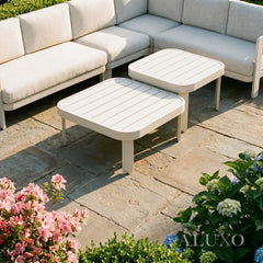 (PRE-ORDER) ALUXO® Sofia 6-Seater Luxury Corner Sofa Set – Taupe Aluminium & Slat Tables