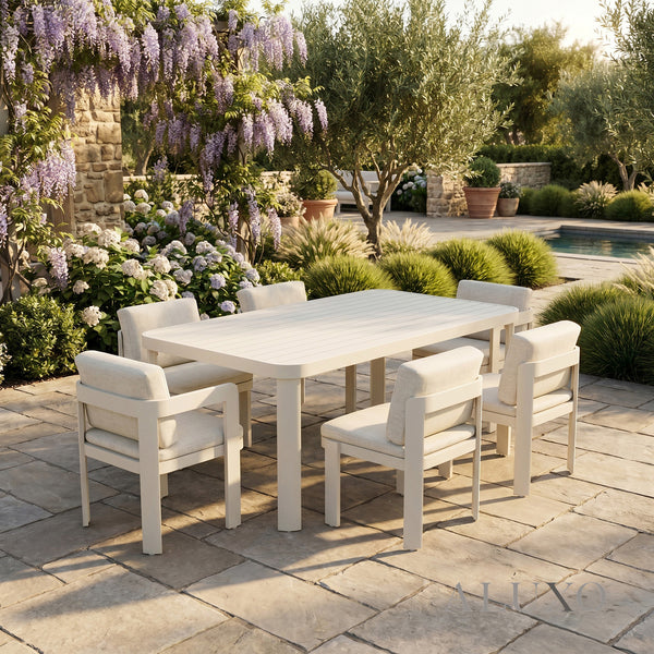 (PRE-ORDER) ALUXO® Sofia 6-Seater Luxury Dining Set – Taupe Aluminium & PS Wood Slat Table