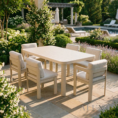 (PRE-ORDER) ALUXO® Sofia 6-Seater Luxury Dining Set – Taupe Aluminium & PS Wood Slat Table