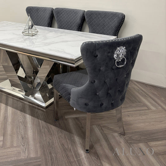 ALUXO® Chelsea Dark Gery Velvet Dining Chair | Buttoned Back with Chrome Lion Knocker