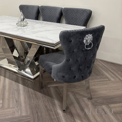 ALUXO® Chelsea Dark Gery Velvet Dining Chair | Buttoned Back with Chrome Lion Knocker